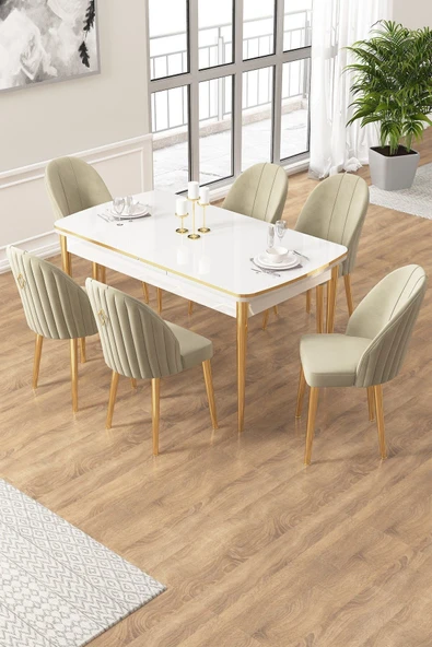 Canisa Edaf Serisi 80x132 Açılabilir Beyaz Mutfak Masa Takımı 6 Krem Sandalye Gold Detay ürün görseli 1