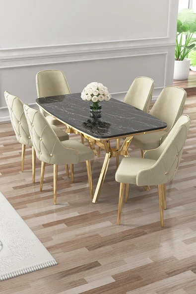 Canisa Asel Serisi 90x160 Lak Panel Siyah Mermer Desen Gold Detay Masa Takımı ve 6 Krem Sandalye ürün görseli 1