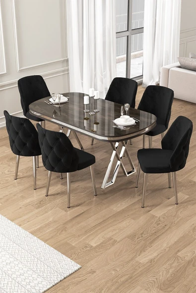 Canisa Afe Serisi 90x168 Lak Panel Antrasit Ironi krom Ayak Masa Takımı 6 Siyah Sandalye ürün görseli 1
