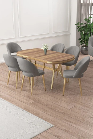 Canisa Jita Serisi 90x168 Lak Panel Hazar Gold Ayak Masa Takımı Ve 6 Gri Sandalye ürün görseli 1