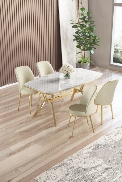 Canisa Lena Serisi 90x160 Lak Panel Beyaz Mermer Desen Gold Kaplama Ayaklı Masa Takımı ve 4 Krem Sandalye ürün görseli 1