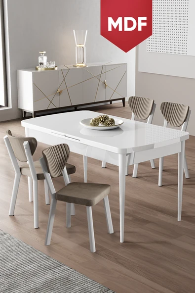 Canisa Exve Serisi 80x132 Açılabilir MDF Beyaz Masa Takımı ve 4 Cappucino Sandalye ürün görseli 1