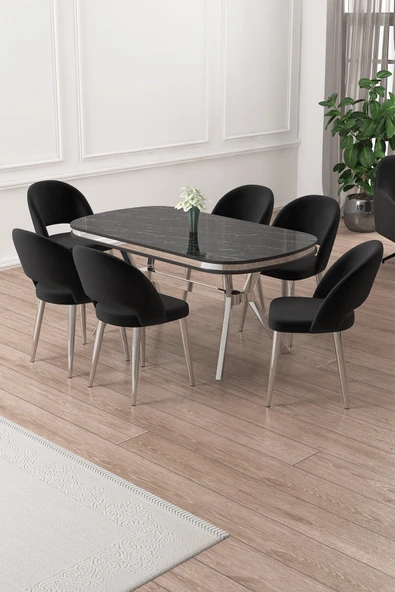 Canisa Jita Serisi 90x168 Lak Panel Siyah Mermer Krom Ayak Masa Takımı ve 6 Siyah Sandalye ürün görseli 1