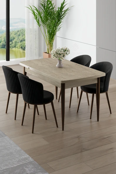 Canisa Asfel Serisi MDF 77x130 Traverten Yandan Açılabilir Mutfak Masası Takımı 4 Siyah Sandalye ürün görseli 1