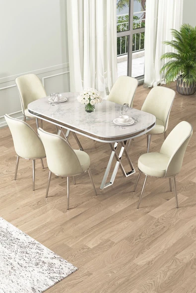 Canisa Lai Serisi 90x168 Lak Panel Beyaz Mermer Desen Krom Ayak Masa Takımı 6 Krem Sandalye ürün görseli 1