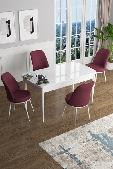 Canisa Han Serisi 70x114 Açılabilir Mdf Mutfak Masası Takımı Beyaz Masa 4 Bordo Sandalye ürün görseli 1