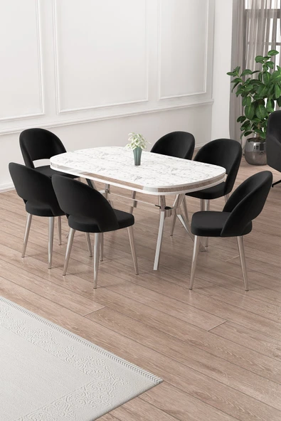 Canisa Jita Serisi 90x168 Lak Panel Beyaz Mermer Desen Krom Ayak Masa Takımı ve 6 Siyah Sandalye ürün görseli 1
