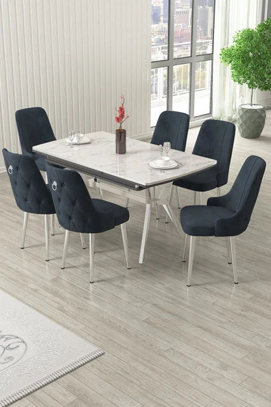 Canisa Nis Serisi 89x150 Açılabilir Lak Panel Beyaz Mermer Krom Ayak Masa Takımı ve 6 Antrasit Sandalye ürün görseli 1