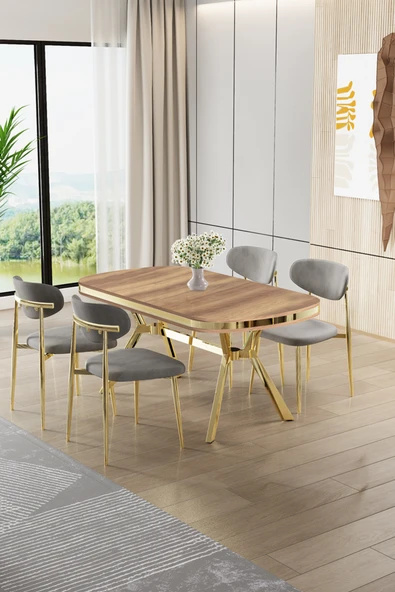 Canisa Olya Serisi 90x168 MDF Sabit Lak Panel Hazar Masa Takımı Gold Ayaklı 4 Gri Sandalye ürün görseli 1
