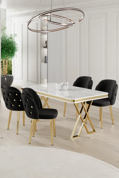 Canisa Rigel Serisi 80x130 Lak Panel Beyaz Mermer Desen Masa Takımı Gold Ayaklı 4 Siyah Sandalye ürün görseli 1
