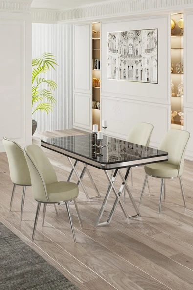 Canisa Vals Serisi 80x130 Lak Panel Siyah Mermer Desen Masa Takımı Krom Ayaklı 4 Krem Sandalye ürün görseli 1