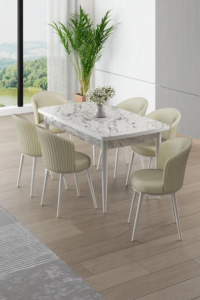 Canisa Asfel Serisi MDF 77x130 Beyaz Mermer Desen Yandan Açılabilir Mutfak Masa Takımı 6 Krem Sandalye ürün görseli 1
