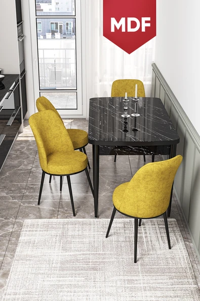 Canisa Kor Serisi 70x114 Açılabilir MDF Mutfak Masası Takımı Siyah Mermer Desen Masa 4 Hardal Sandalye ürün görseli 1