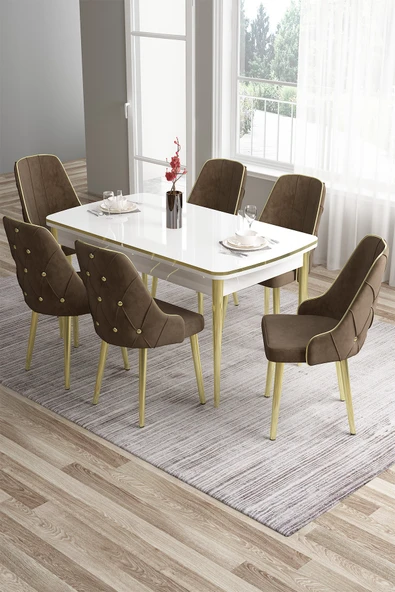 Canisa Tia Serisi 80x132 Açılabilir Mdf Mutfak Masası Takımı Beyaz Masa Gold Detay 6 Kahverengi Sandalye ürün görseli 1