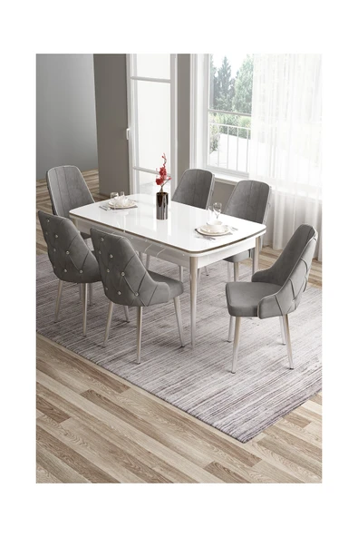 Canisa Tia Serisi 80x132 Açılabilir Mdf Beyaz Krom Detay Mutfak Masası Takımı Ve 6 Gri Sandalye ürün görseli 1