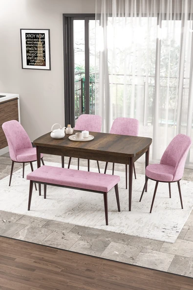 Canisa Zen Serisi 80x132 Mdf Açılabilir Barok Ahşap Desen Masa Takımı 4 Pembe Sandalye Ve 1 Bench ürün görseli 1