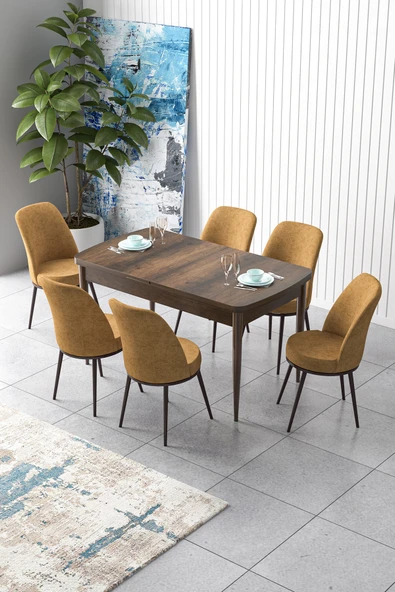 Canisa Zen Serisi 80x132 Mdf Açılabilir Barok Ahşap Desen Masa Takımı Ve 6 Cappucino Sandalye ürün görseli 1