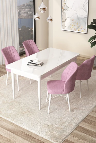 Canisa Arp Serisi 70x110 Sabit Mutfak Masası Takımı Beyaz Masa 4 Pembe Sandalye ürün görseli 1