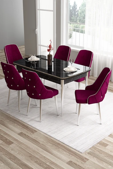 Canisa Tia Serisi 80x132 Mdf Açılabilir Siyah Mermer Desen Krom Detay Mutfak Masası Ve 6 Mürdüm Sandalye ürün görseli 1