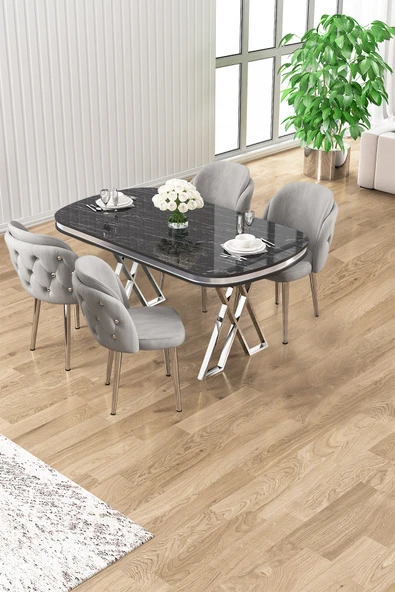 Canisa Zae Serisi 90x168 Lak Panel Siyah Mermer Desen Krom Ayak Masa Takımı 4 Gri Sandalye ürün görseli 1