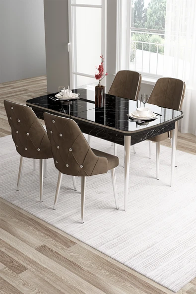 Canisa Tia Serisi 80x132 Mdf Açılabilir Siyah Mermer Desen Krom Detay Masa Takımı Ve 4 Kahverengi Sandalye ürün görseli 1