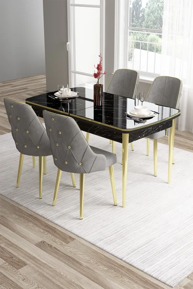 Canisa Tia Serisi, Siyah Mermer Desen 80x132 Açılabilir Mdf Yemek Odası Takımı 4 Gri Sandalye Gold Detay ürün görseli 1
