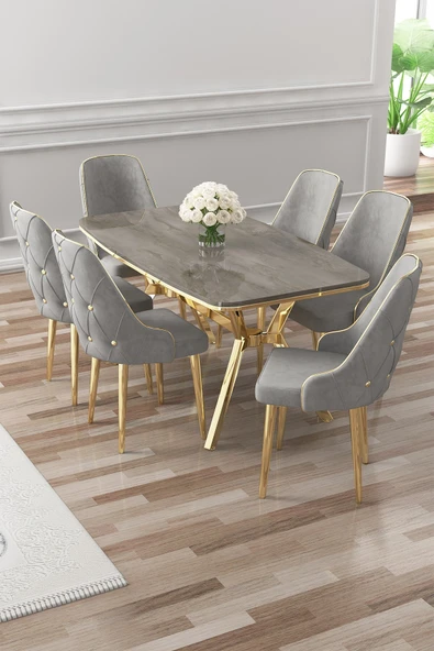 Canisa Asel Serisi 90x160 Lak Panel Antrasit İroni Gold Kaplama Ayaklı Masa Takımı ve 6 Gri Sandalye ürün görseli 1