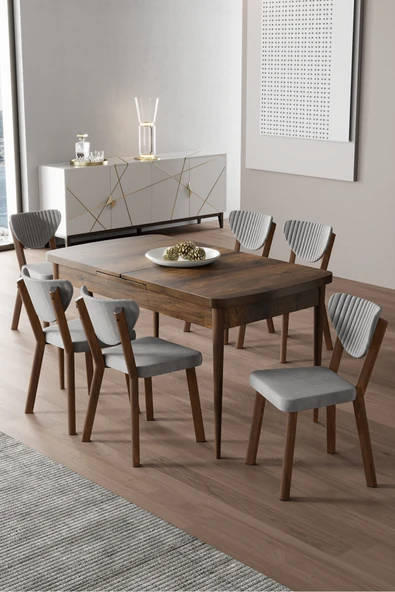 Canisa Exve Serisi 80x132 Açılabilir Barok Ahşap Desen Masa Takımı ve 6 Gri Sandalye ürün görseli 1