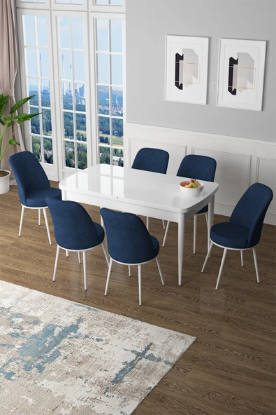 Canisa Zen Serisi 80x132 Mdf Açılabilir Beyaz Masa Takımı Ve 6 Lacivert Sandalye ürün görseli 1