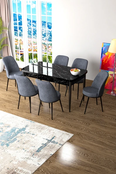 Canisa Zen Serisi 80x132 Mdf Açılabilir Siyah Mermer Desen Masa Takımı Ve 6 Füme Sandalye ürün görseli 1