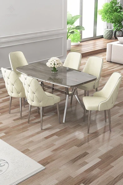 Canisa Asel Serisi 90x160 Lak Panel Antrasit İroni Krom Ayaklı Masa Takımı ve 6 Krem Sandalye ürün görseli 1