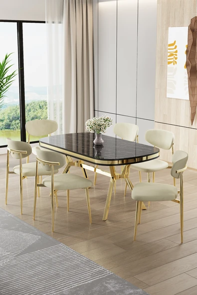 Canisa Olya Serisi 90x168 Lak Panel Sonata Masa Takımı Gold Ayaklı 6 Krem Sandalye ürün görseli 1