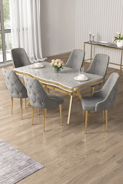 Canisa Vae Serisi 90x160 Lak Panel Beyaz Mermer Desen Gold Ayak Masa Takımı 6 Gri Sandalye ürün görseli 1