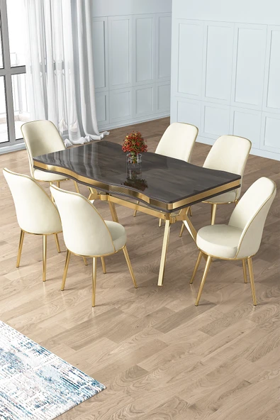 Canisa Prah Serisi 90x160 Lak Panel Antrasit Ironi Gold Ayak Masa Takımı 6 Cappucino Sandalye ürün görseli 1