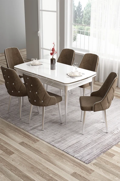 Canisa Tia Serisi 80x132 Açılabilir Mdf Mutfak Masası Takımı Beyaz Masa Krom Detay 6 Kahverengi Sandalye ürün görseli 1