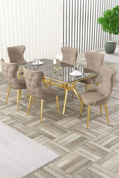 Canisa Esla Serisi 90x160 Lak Panel Antrasit Ironi Gold Kaplama Ayaklı Masa Takımı Ve 6 Cappucino Sandalye ürün görseli 1