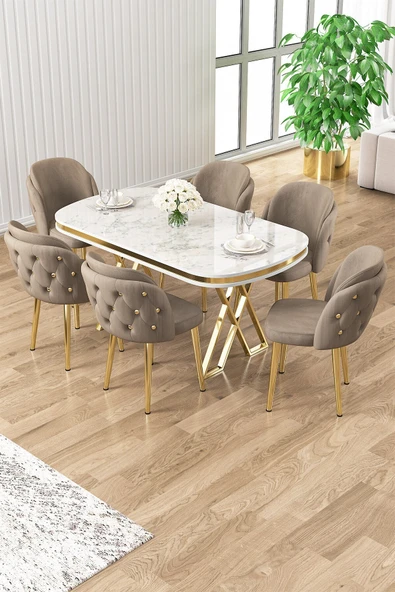 Canisa Ela Serisi Lak Panel Beyaz Mermer Desen Gold Ayak Mutfak Masa Takımı 6 Cappucino Sandalye ürün görseli 1