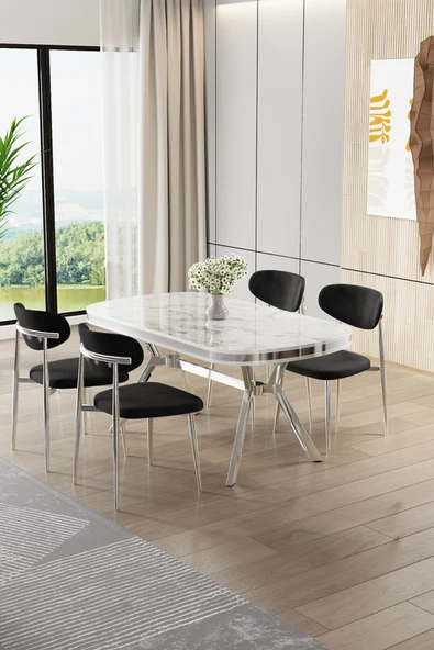 Canisa Olya Serisi 90x168 Lak Panel Beyaz Mermer Desen Masa Takımı Krom Ayaklı 4 Siyah Sandalye ürün görseli 1