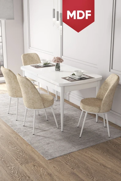 Canisa Kor Serisi 70x114 Açılabilir MDF Mutfak Masası Takımı Beyaz Masa 4 Krem Sandalye ürün görseli 1