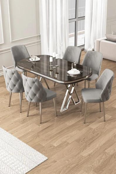 Canisa Afe Serisi 90x168 Lak Panel Antrasit Ironi krom Ayak Masa Takımı 6 Gri Sandalye ürün görseli 1