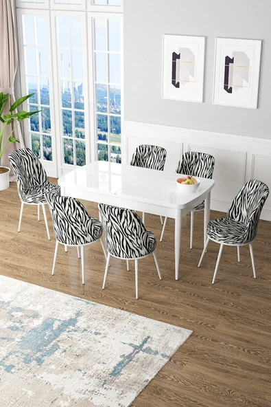 Canisa Kor Serisi, Beyaz Açılabilir MDF 70x114 Yemek Masa Takımı 6 Zebra Desen Sandalye ürün görseli 1