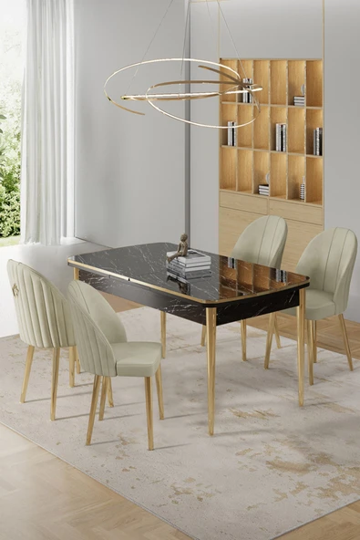 Canisa Rada Serisi 80x132 Açılabilir Lak Panel Siyah Mermer Desen Masa 4 Krem Sandalye Gold Detay ürün görseli 1
