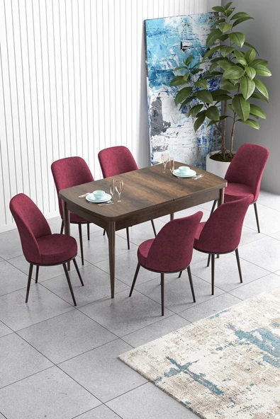 Canisa Han Serisi 70x114 Açılabilir Mdf Mutfak Masası Takımı Barok Desen Masa 6 Bordo Sandalye ürün görseli 1