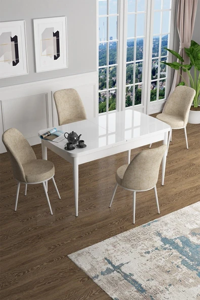 Canisa Han Serisi 70x114 Açılabilir Mdf Mutfak Masası Takımı Beyaz Masa 4 Krem Sandalye ürün görseli 1