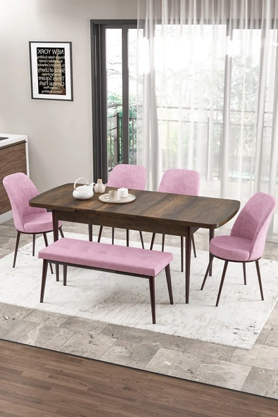 Canisa Concept Zen Serisi 80x132 Mdf Açılabilir Barok Ahşap Desen Masa Takımı 4 Pembe Sandalye Ve 1 Bench ürün görseli 1