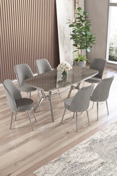 Canisa Lena Serisi 90x160 Lak Panel Antrasit İroni Krom Kaplama Ayaklı Masa Takımı ve 6 Gri Sandalye ürün görseli 1