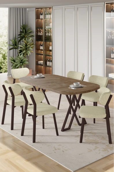Canisa Axton Serisi Sabit Mdf 90x168 Atlantik Çam Mutfak Masa Takımı 6 Krem Sandalye ürün görseli 1