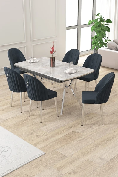 Canisa 89x150 Açılabilir Lak Panel Rampla Gri Krom Ayak Masa Takımı Ve 6 Antrasit Sandalye ürün görseli 1