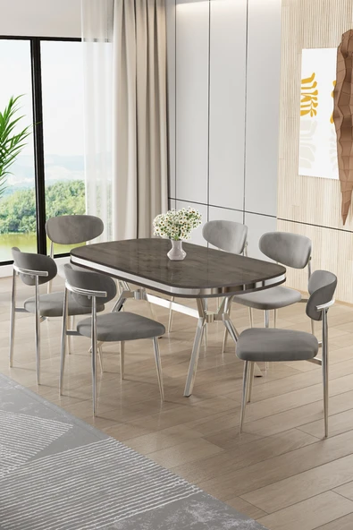 Canisa Olya Serisi 90x168 Lak Panel Antrasit İroni Masa Takımı Krom Ayaklı 6 Gri Sandalye ürün görseli 1