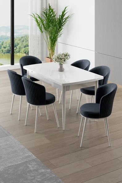 Canisa Asfel Serisi MDF 77x130 Beyaz Yandan Açılabilir Mutfak Masası Takımı 6 Antrasit Sandalye ürün görseli 1